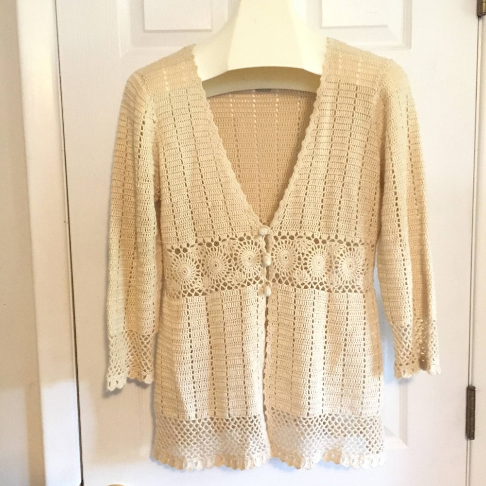 Nine West Crochet Cardigan Sweater size M Natural
